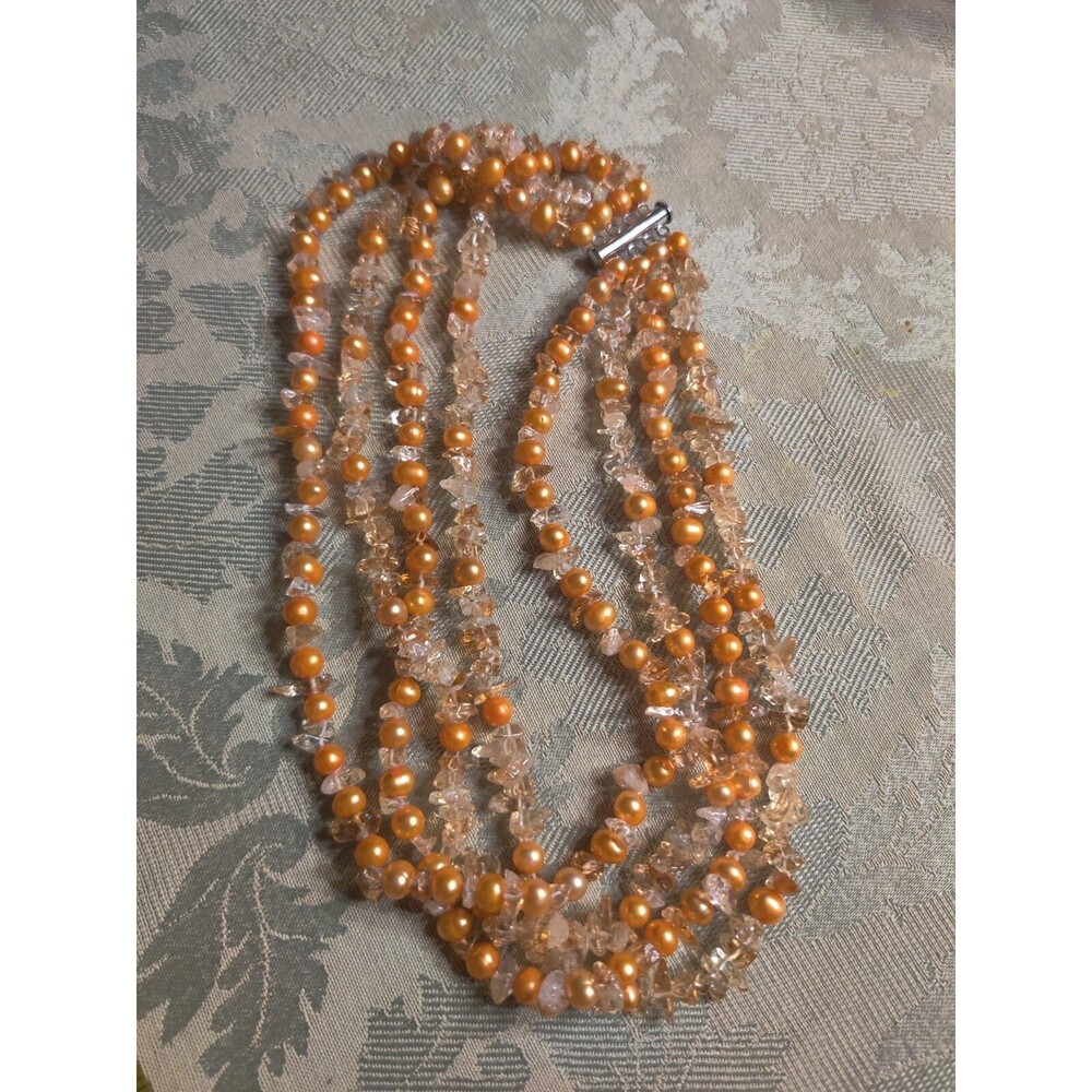 4 Strand Orange Freshwater Pearl Citrine & Quartz Silver 925 Clasp Necklace 16"